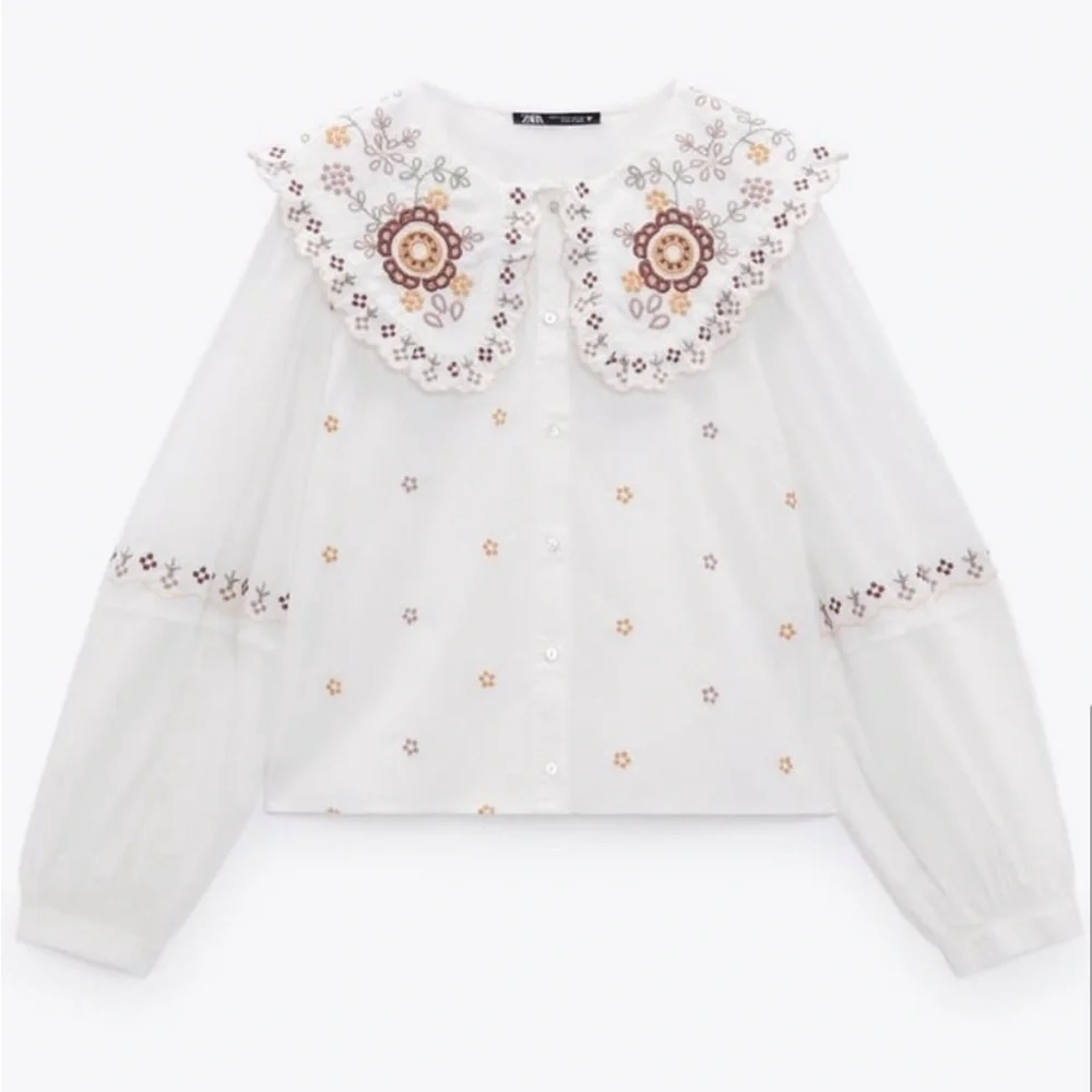 Zara Embroidered Poplin White Blouse with Floral Details size M - Picture 4 of 5
